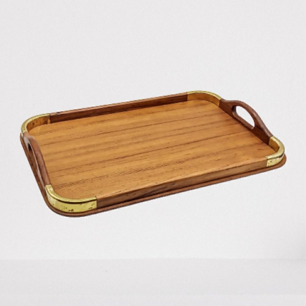 Vintage Dolphin Teakwood Brass Captain's Serving Tray